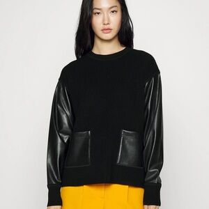 NWOT Hugo Boss VIRGIN-WOOL SWEATER WITH FAUX-LEATHER SLEEVES